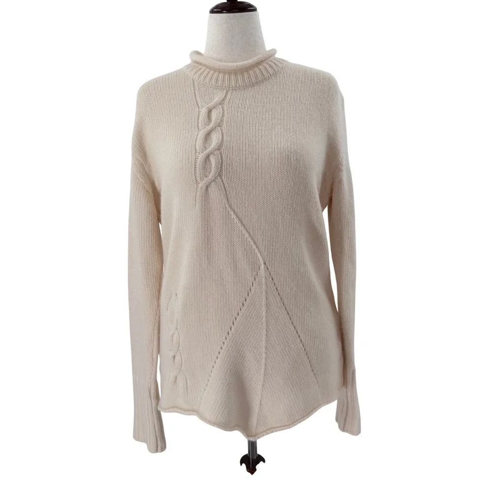 TIVOLI Irish‎ Lambswool Blend Women Cream Cable Knit Mock Roll Neck Sweater L XL